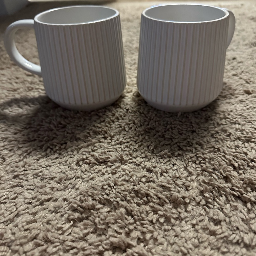 White Ribbed Ceramic Coffee Mug - Set of 2